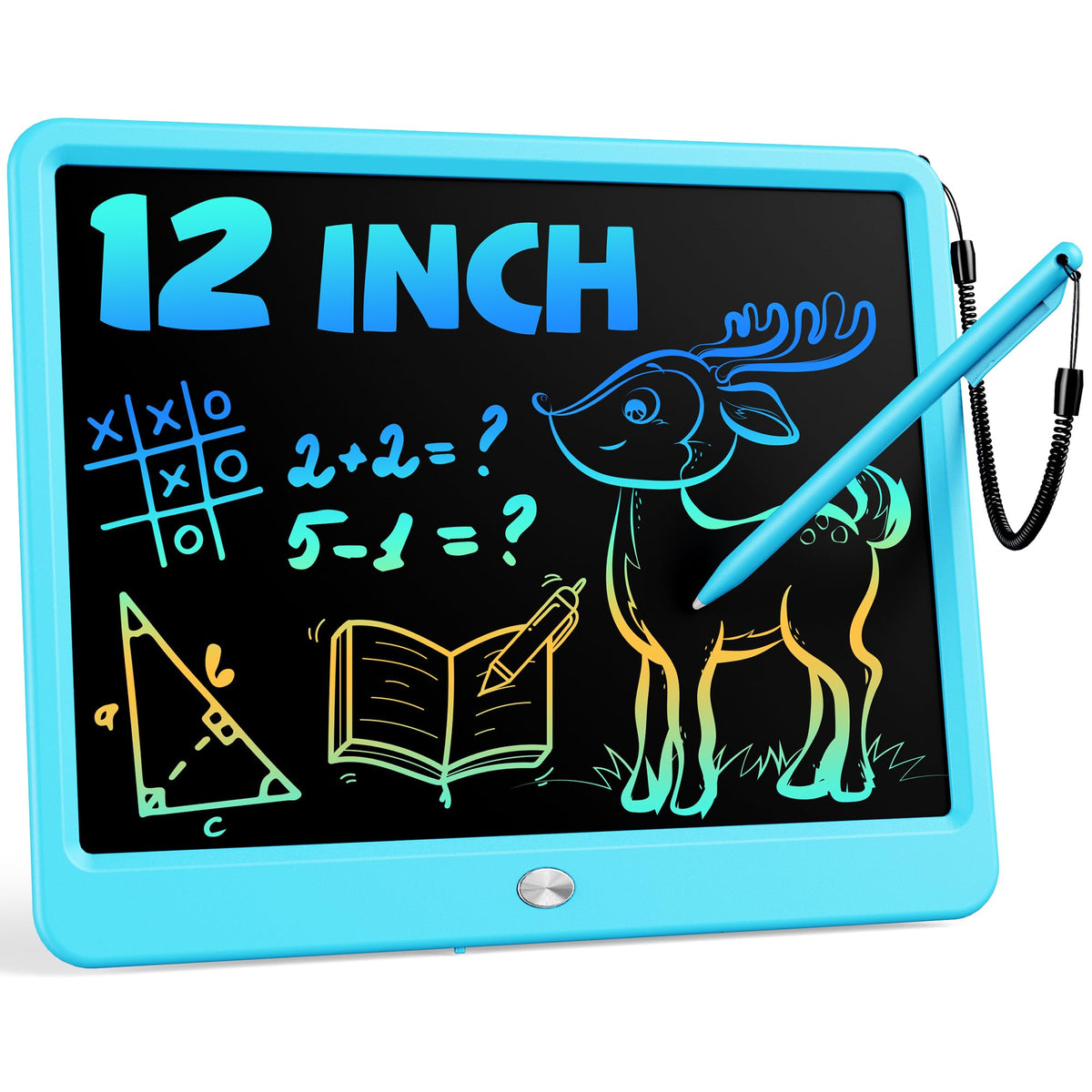 Bravokids 12-inch LCD tablet front view with blue frame for mess-free drawing.