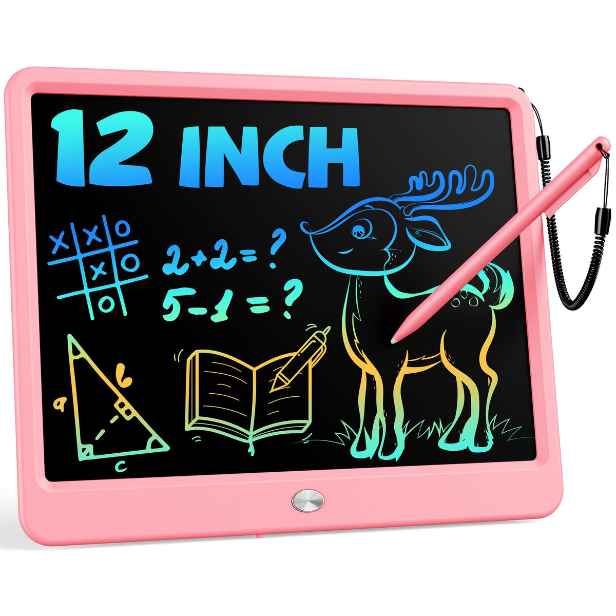 Bravokids 12-inch LCD writing tablet in pink, perfect for creative drawing on the go.
