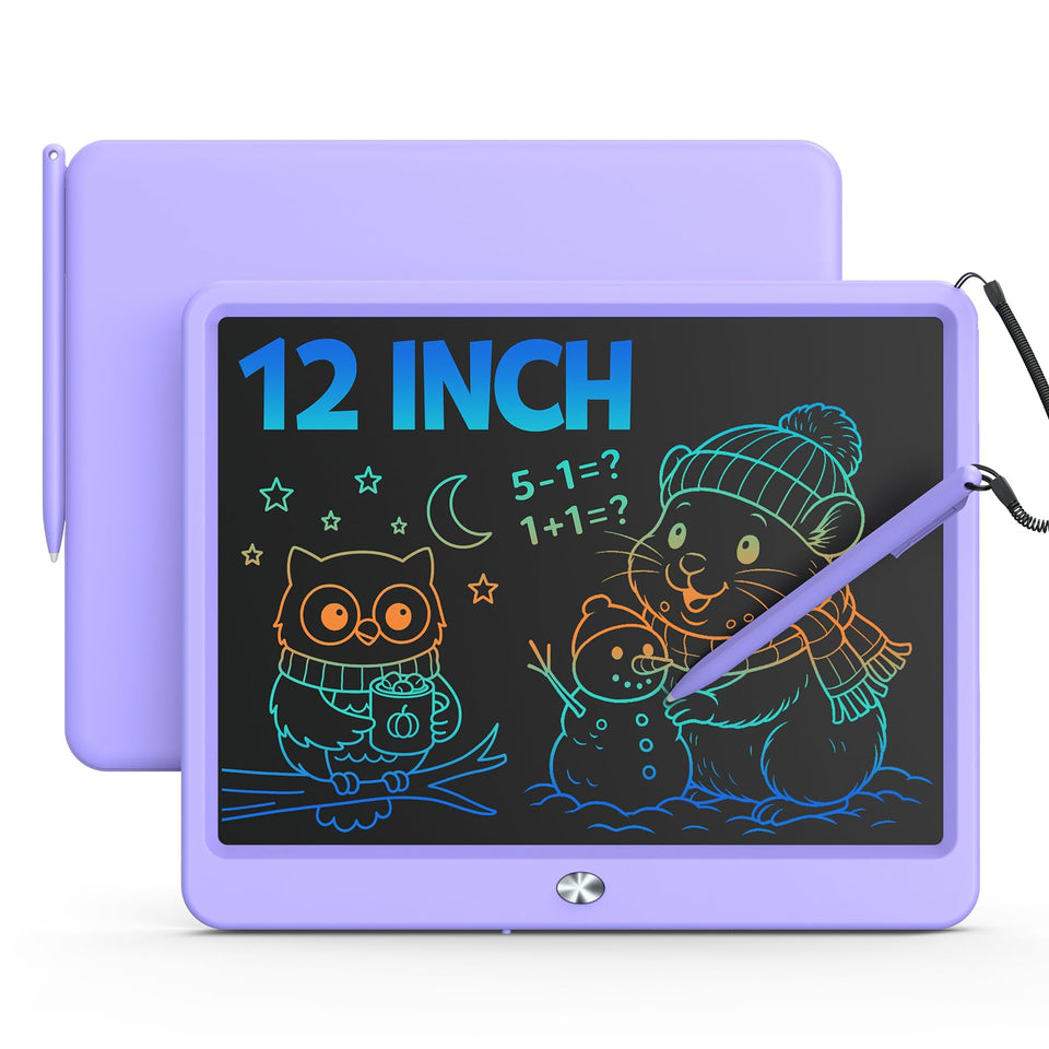 Bravokids 12-inch LCD tablet in purple, a safe, colorful screen for creative doodling.