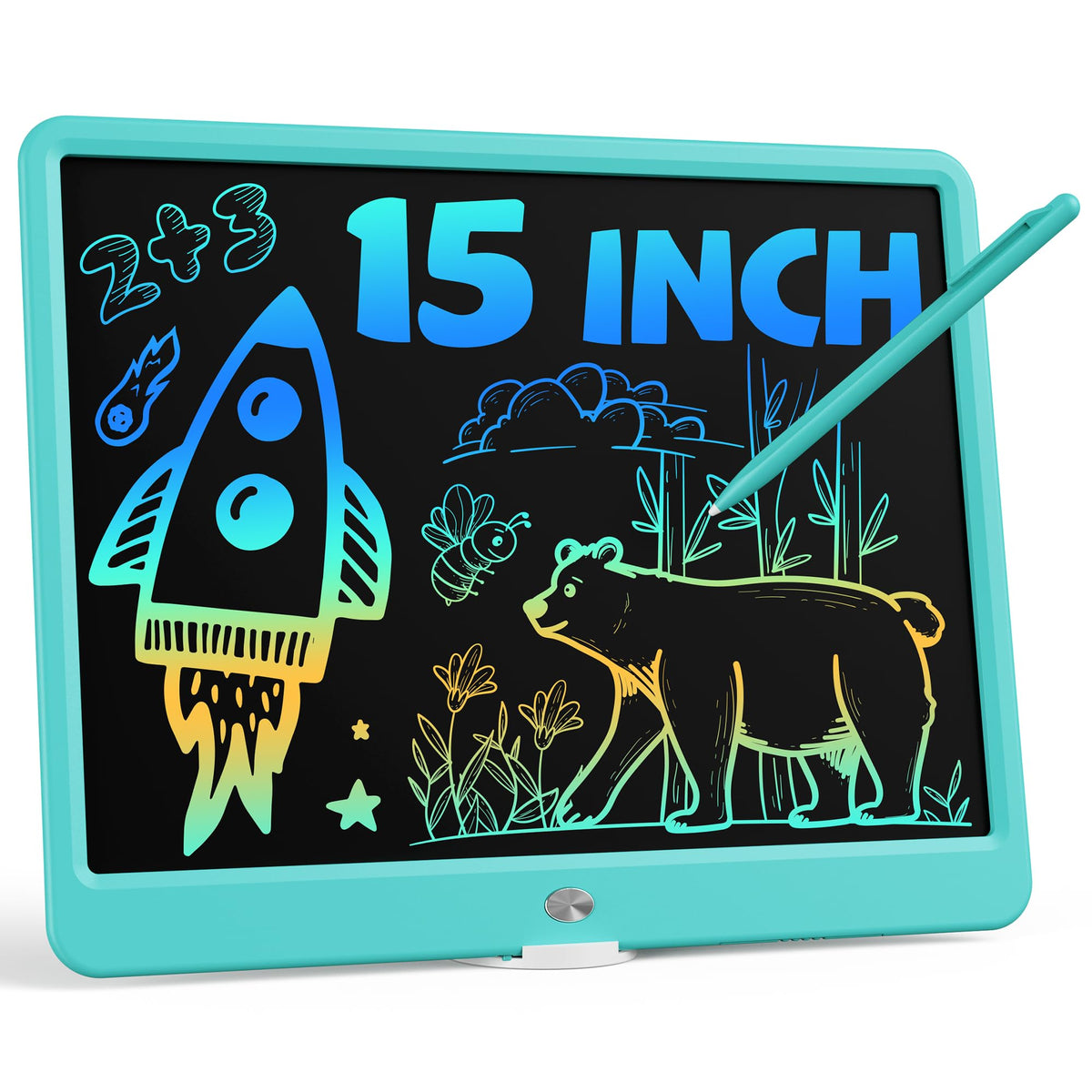 Bravokids 15-inch LCD writing tablet shows vibrant colors for learning and drawing.
