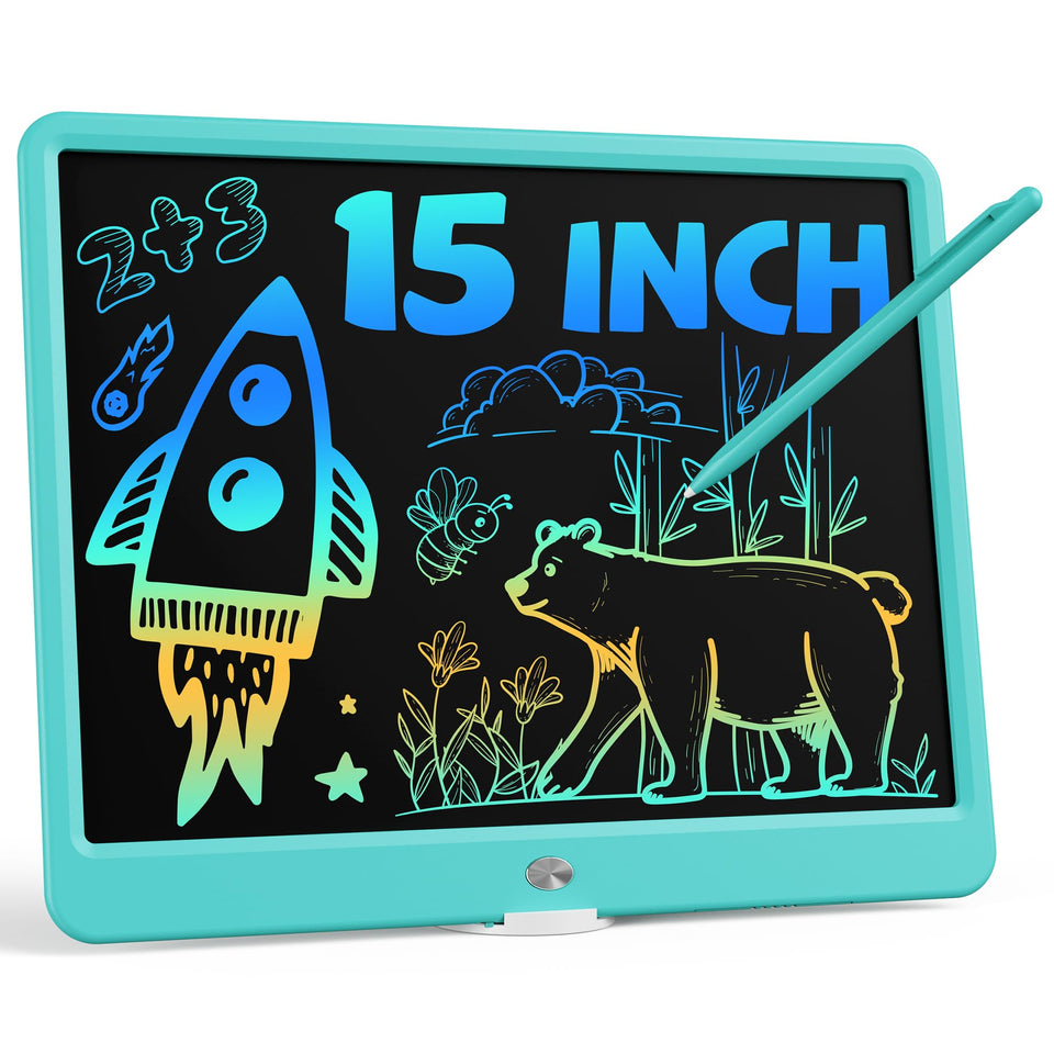 Bravokids 15-inch LCD writing tablet shows vibrant colors for learning and drawing.