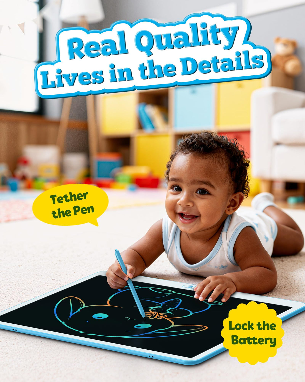 Bravokids 20-inch LCD writing tablet blue display is on, vibrant colors visible