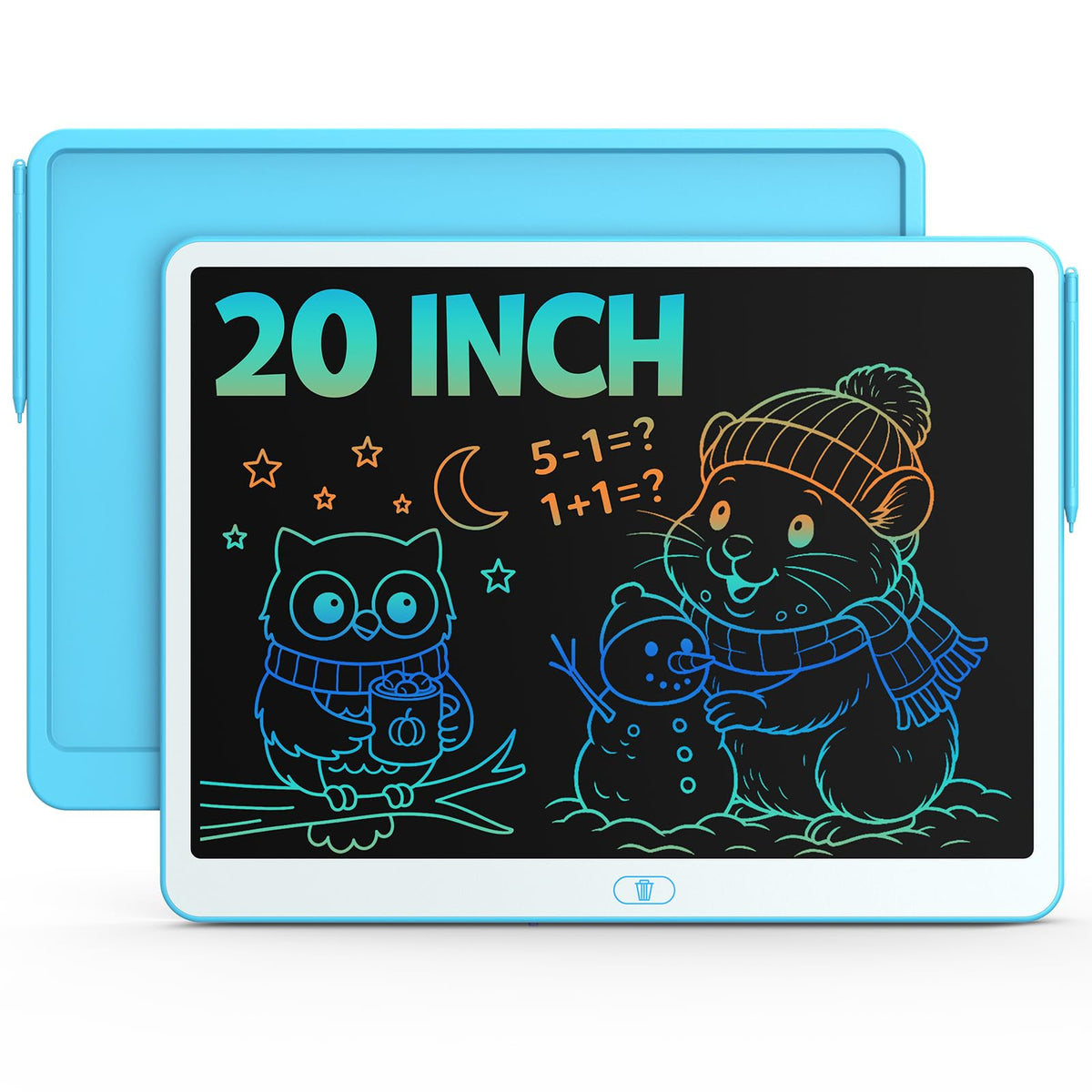 Bravokids 20-inch LCD writing tablet front view shows a blue device for learning and drawing