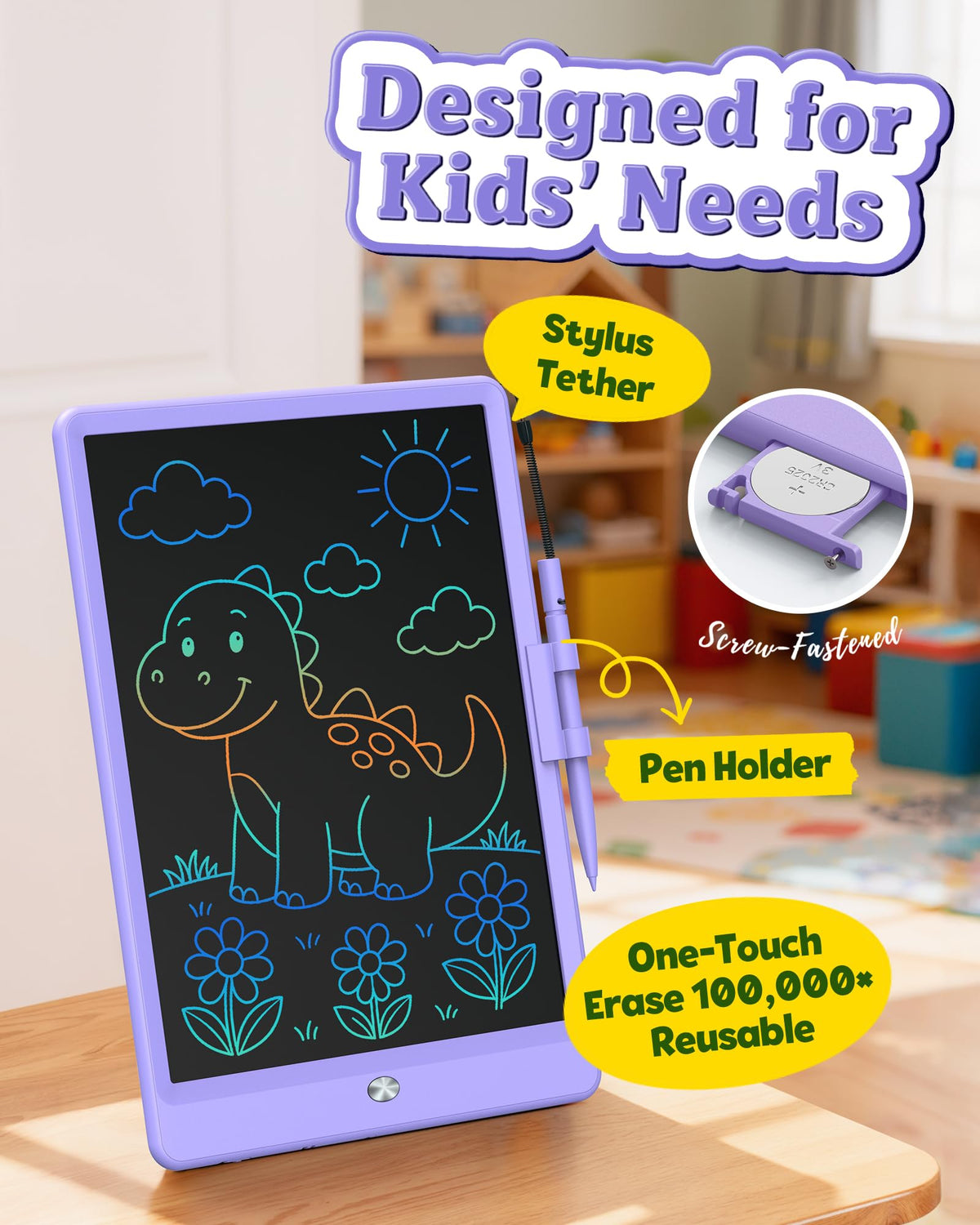 Bravokids content save lock, purple tablet keeps precious artwork.
