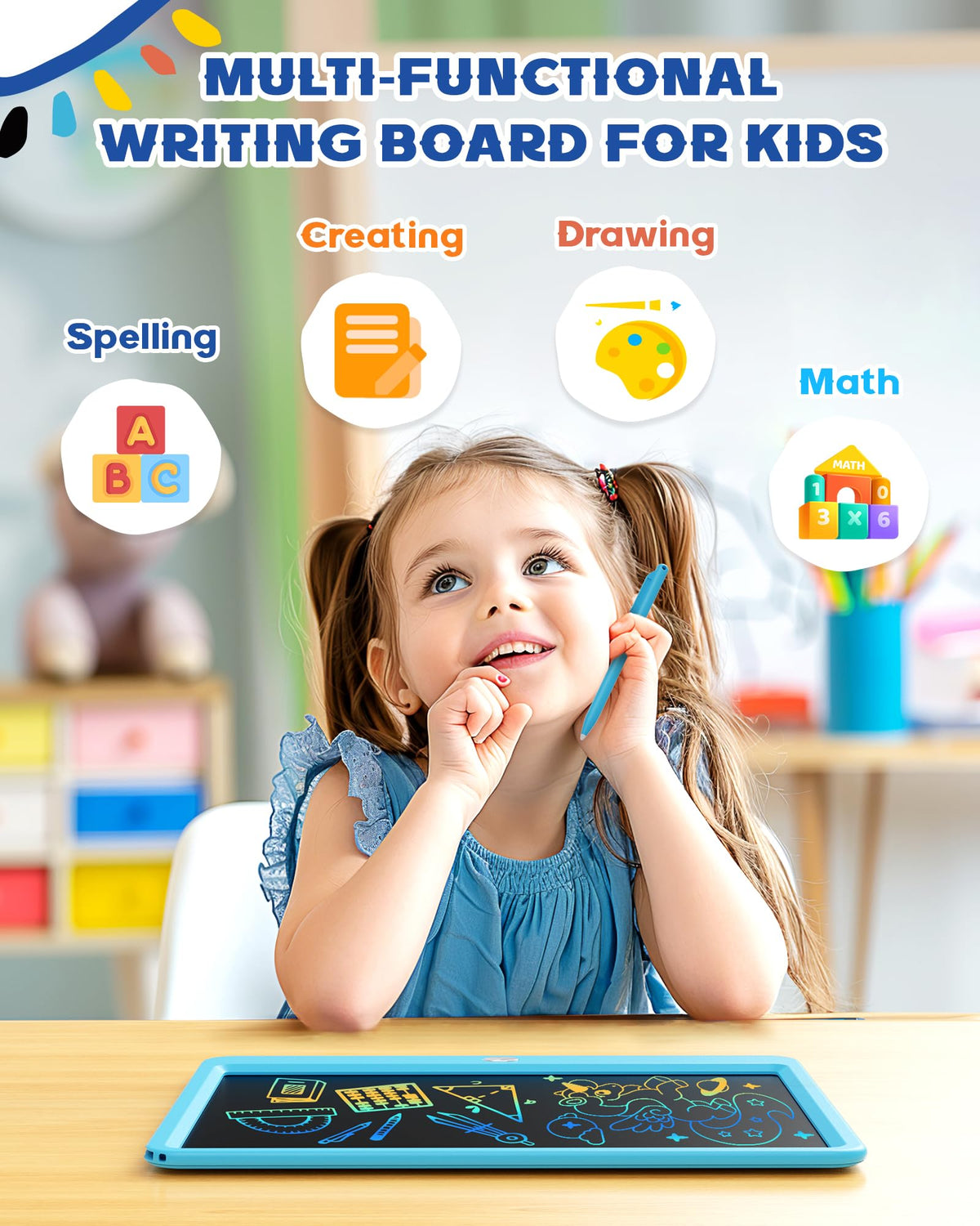 Bravokids doodle board blue with eraser button for quick clearing.