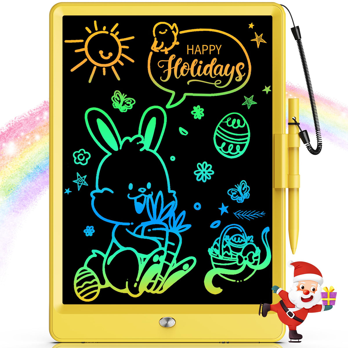 Bravokids LCD writing tablet 10-inch yellow front view for creative drawing and learning.