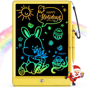 Bravokids LCD writing tablet 10-inch yellow front view for creative drawing and learning.