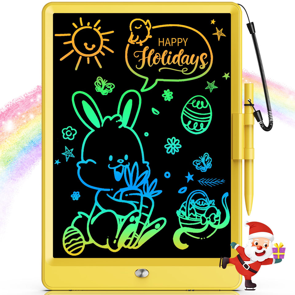 Bravokids LCD writing tablet 10-inch yellow front view for creative drawing and learning.