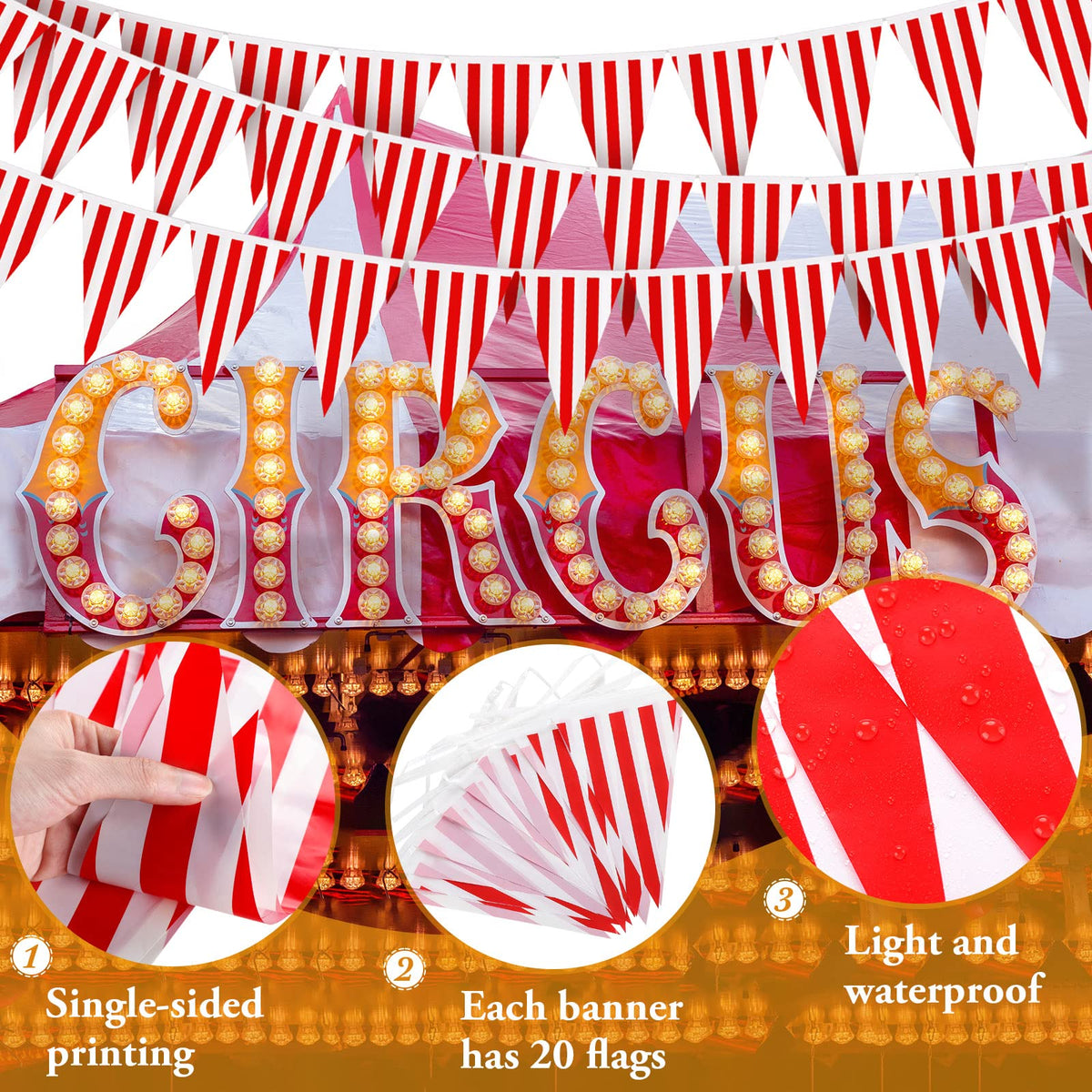 Breling red and white banner adds bright color to carnival celebrations.