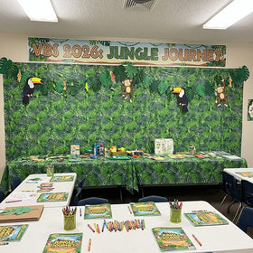 Breling tropical tablecloths used as wall drapes for cohesive decor.