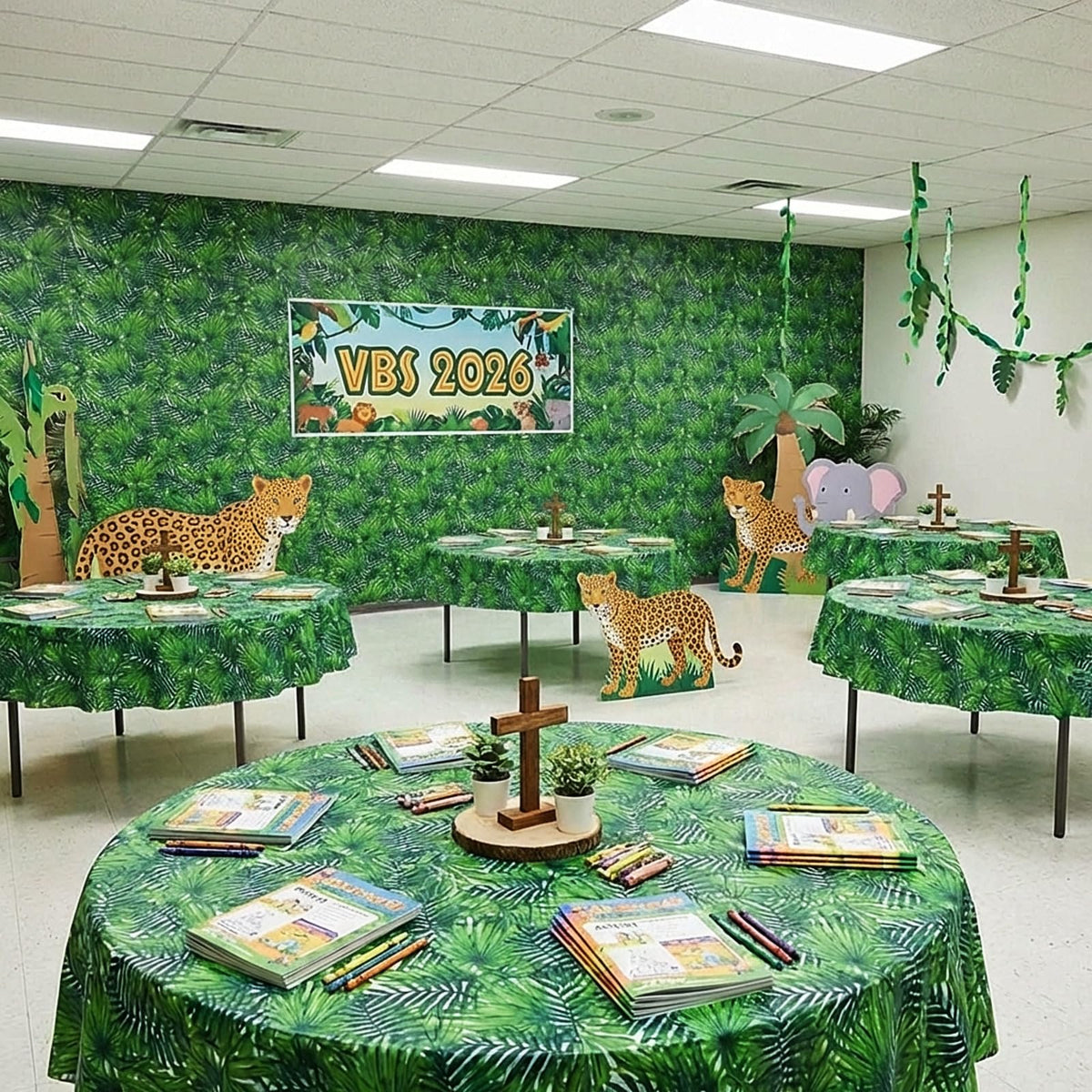 Breling VBS tropical tablecloth look unifies Sunday school spaces.