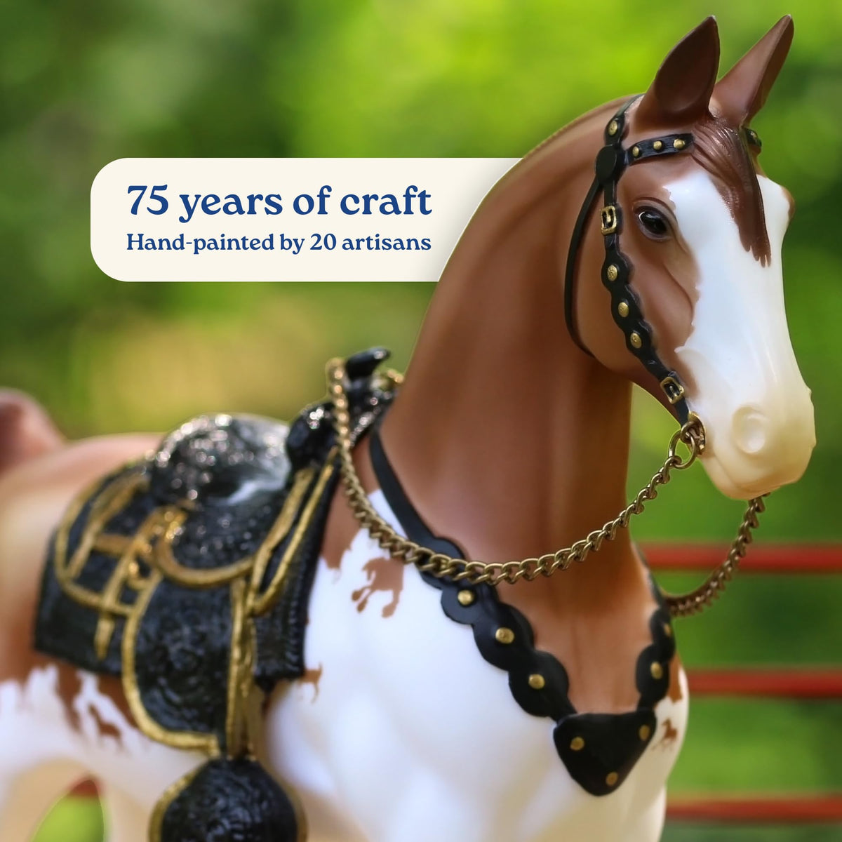 Breyer 75th Anniversary Western Horse side view highlights red dun pinto coat.