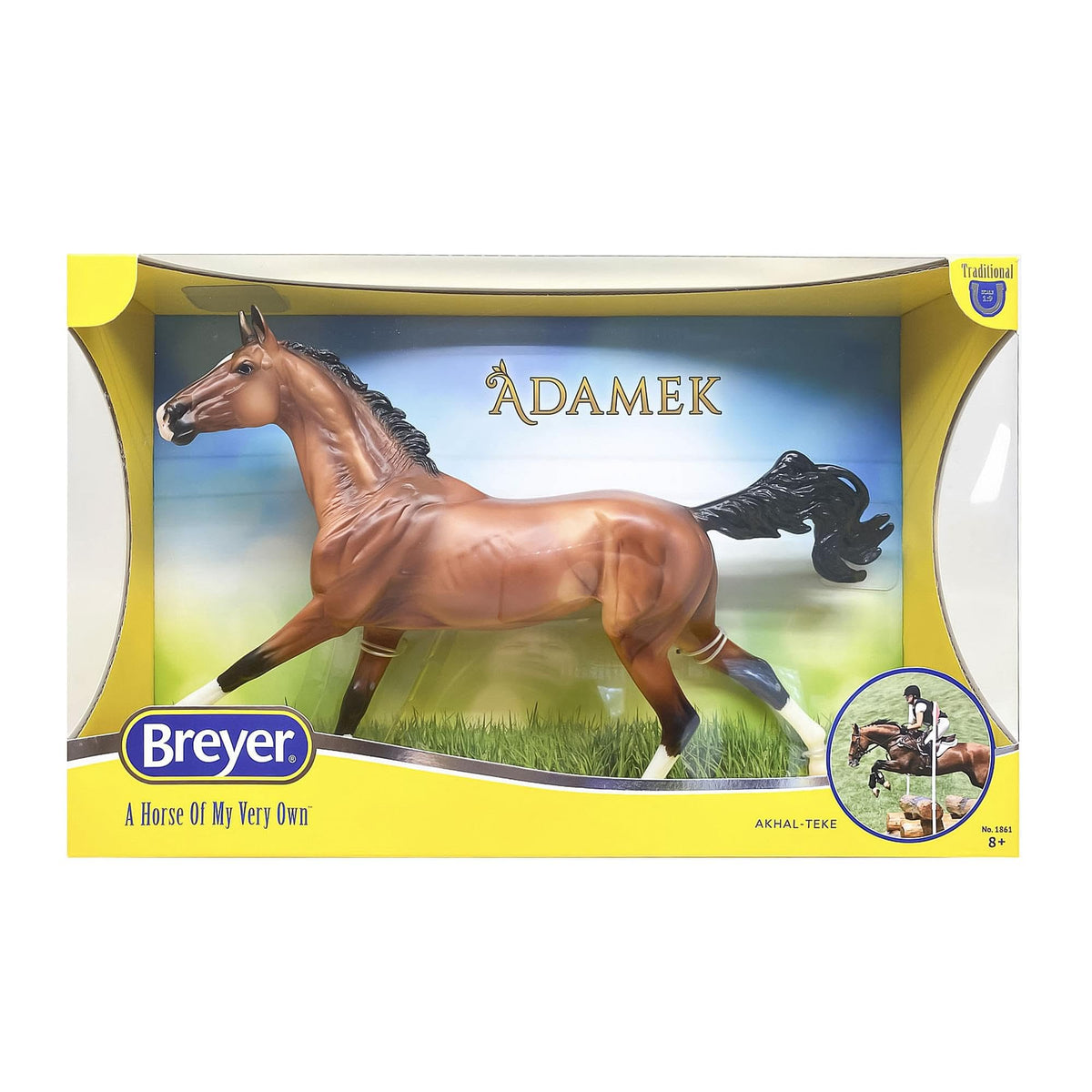 Breyer Adamek Akhal-Teke figure side view highlights elegant proportions for display.