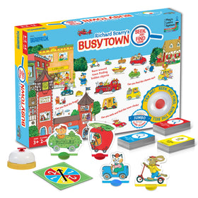 Briarpatch Busytown board laid on the floor for cooperative play and easy viewing.