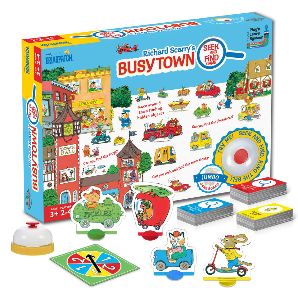Briarpatch Busytown board laid on the floor for cooperative play and easy viewing.