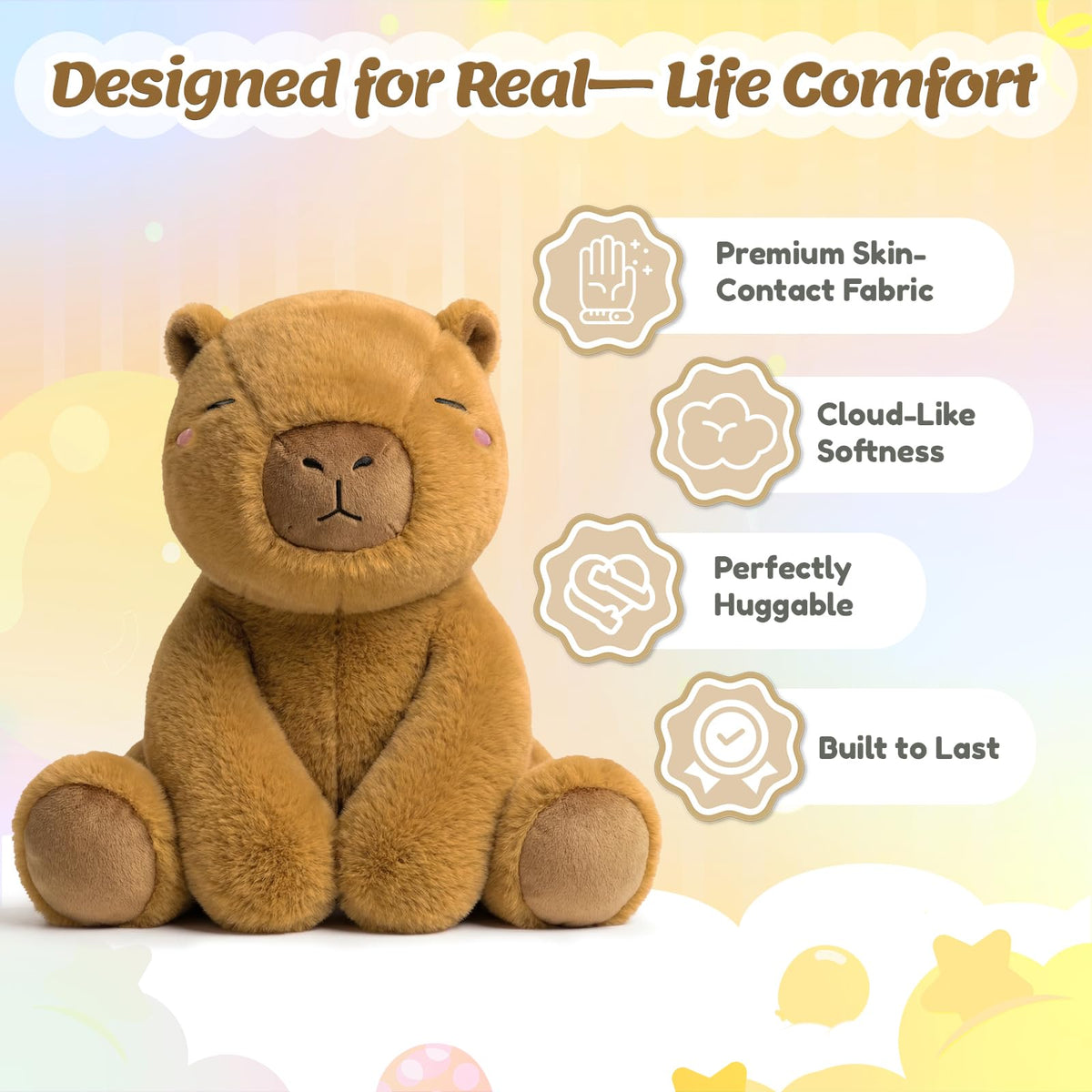 BRICHOEE Capybara weighted plush shown on lap for versatile comfort.