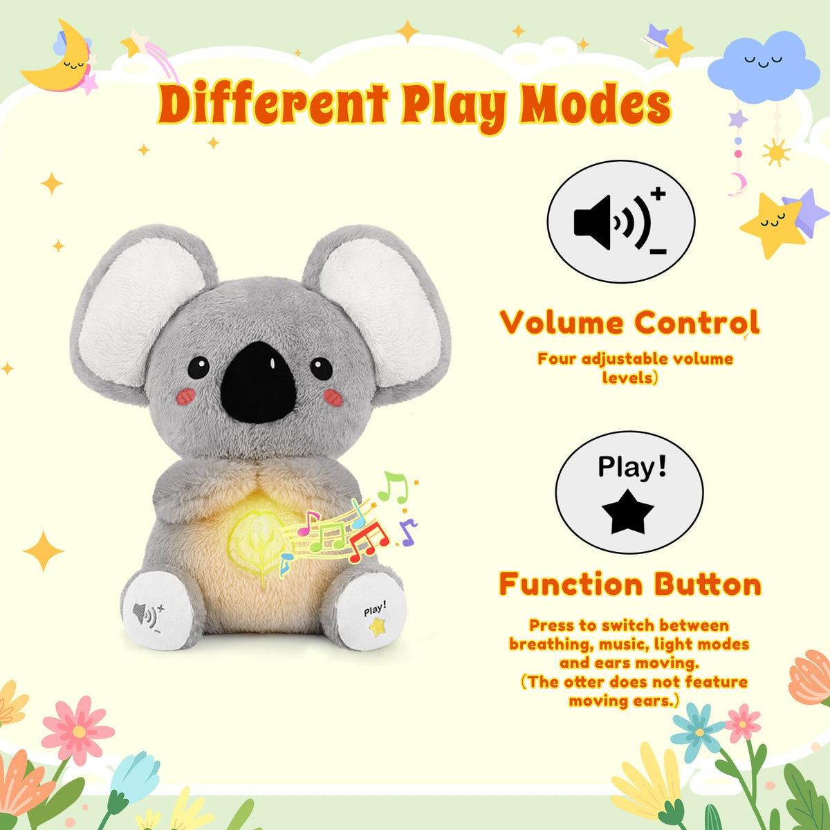BRICHOEE koala calming music feature with adjustable levels for relaxation.