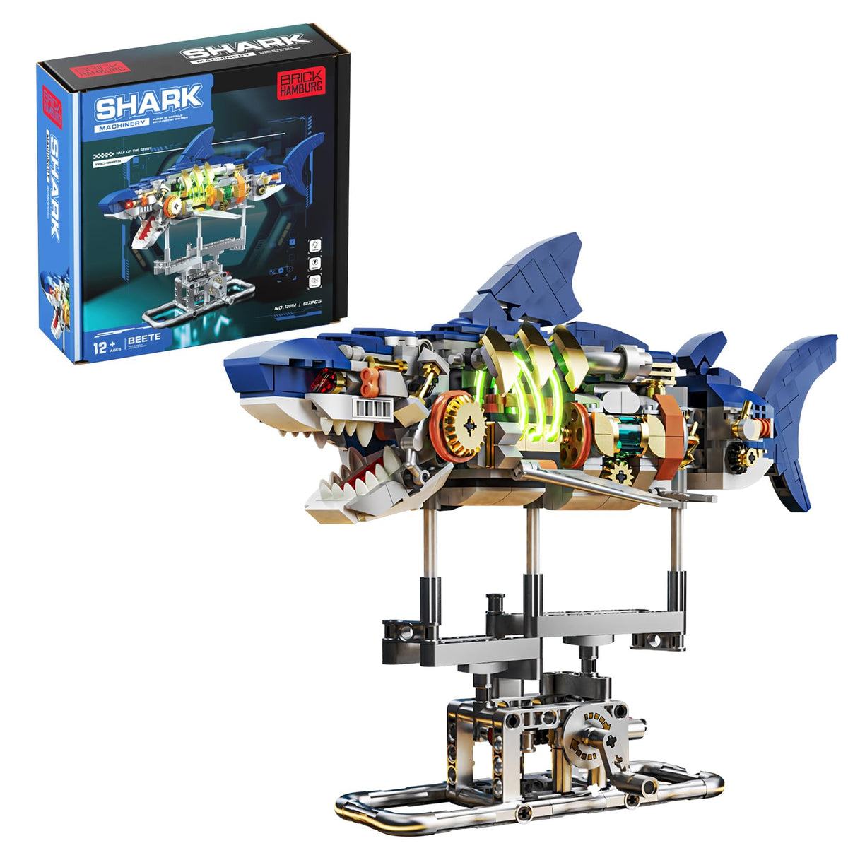 BRICK HAMBURG mechanical shark assembly reveals intricate gears for hands-on learning.