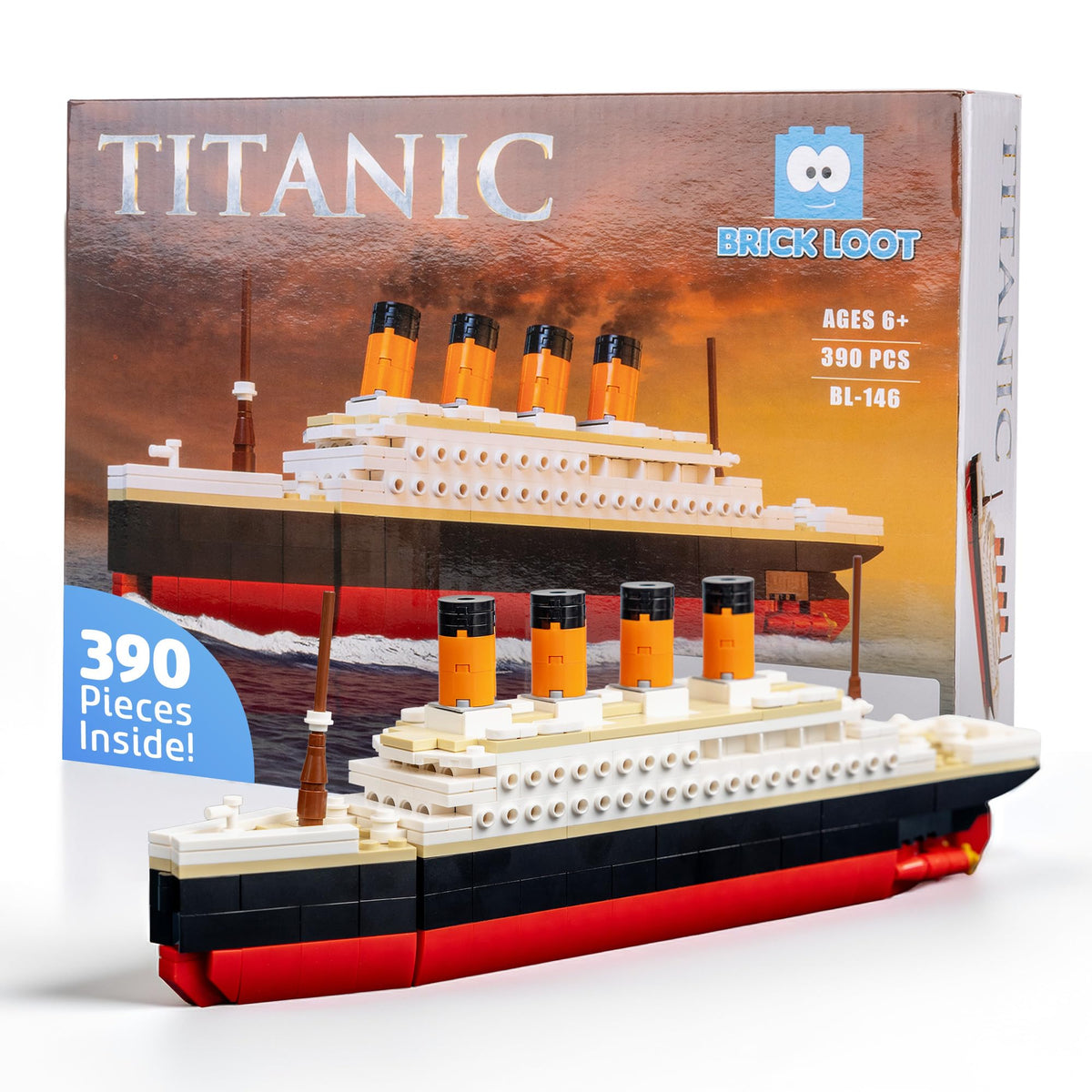 Brick Loot Titanic Building Set front view highlights detailed miniature replica for display and educational fun.