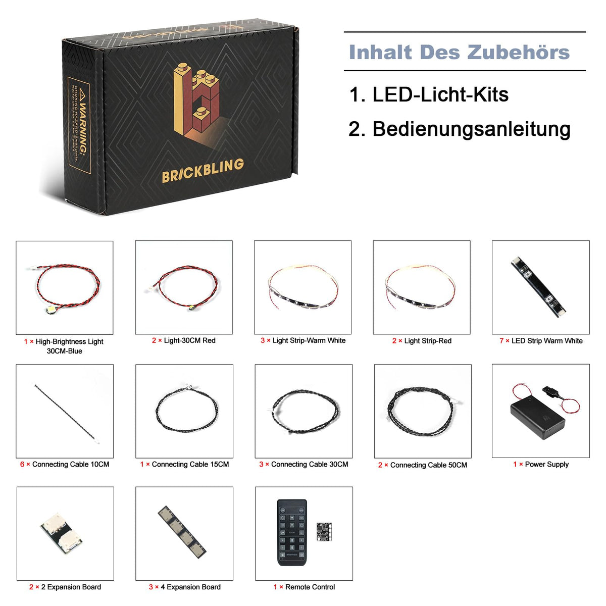 BrickBling USB-powered setup with included power cable for easy lighting