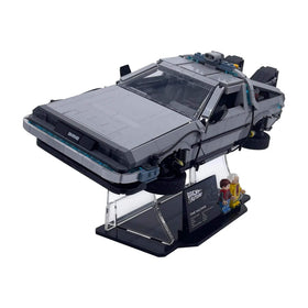 Brickcessories angled acrylic stand showcases the LEGO 10300 DeLorean Time Machine at a dynamic flight angle.