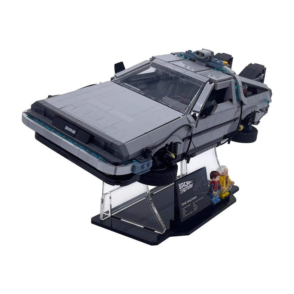 Brickcessories angled acrylic stand showcases the LEGO 10300 DeLorean Time Machine at a dynamic flight angle.