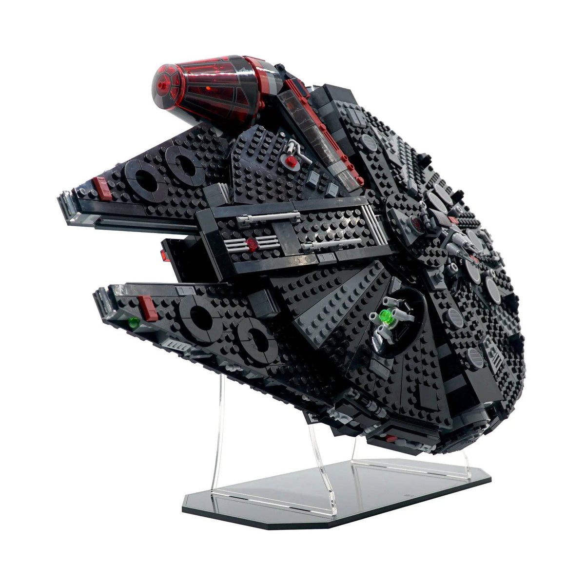 Brickcessories Dark Falcon stand crystal-clear acrylic showcases details.