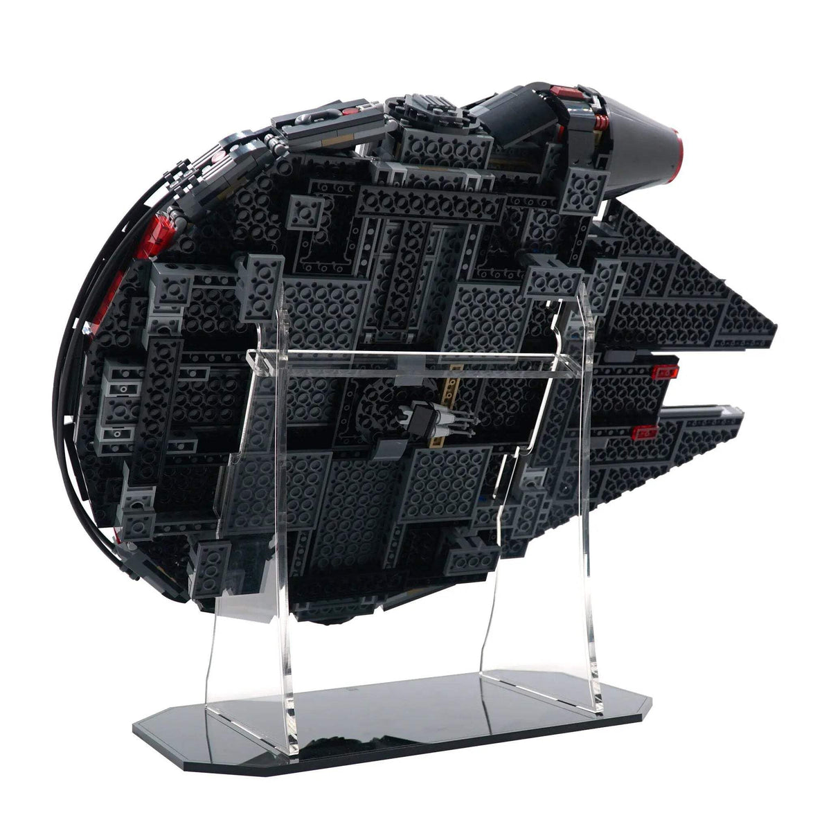 Brickcessories Dark Falcon stand in-flight view saves shelf space.