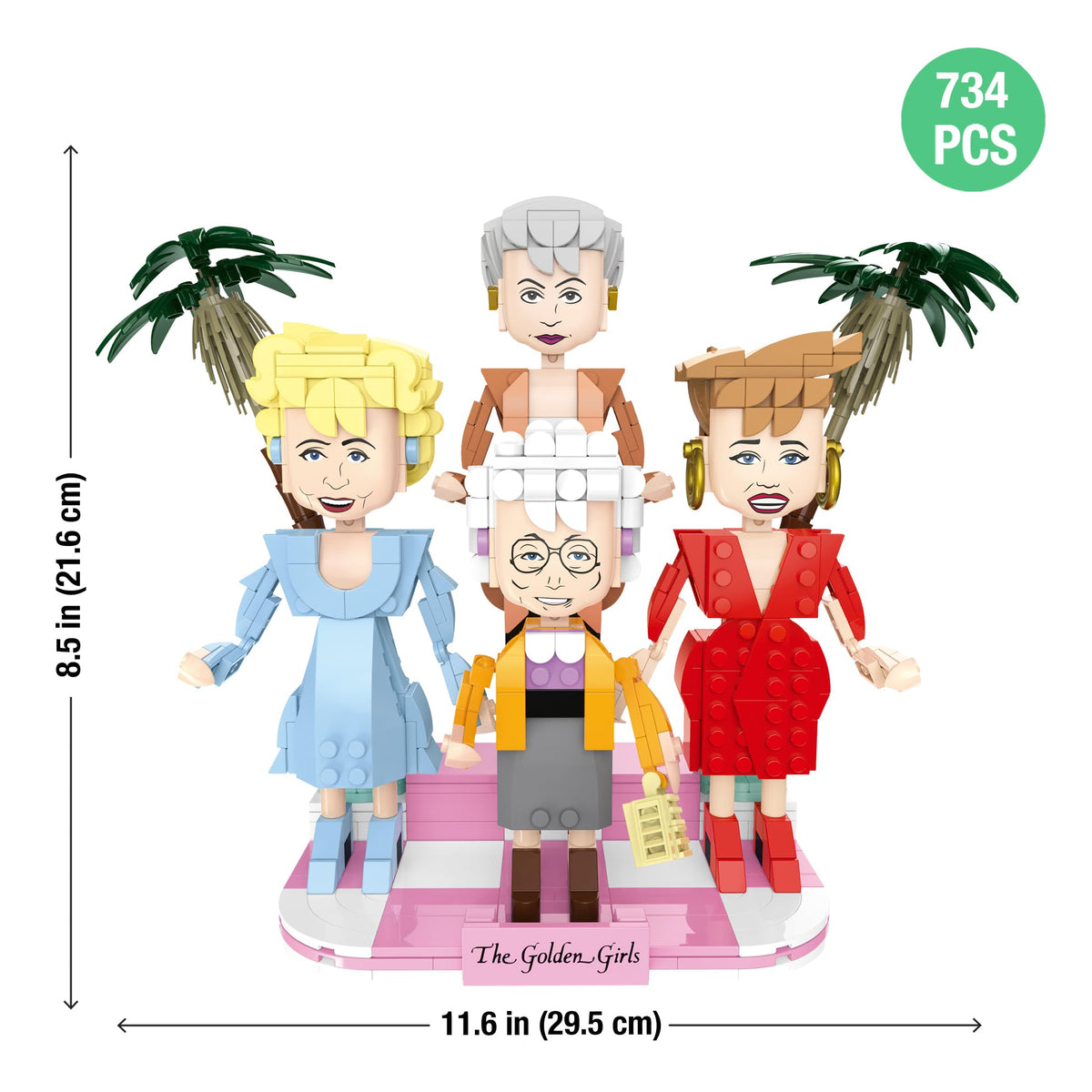 BrickCraft Golden Girls palm-tree diorama backdrop for colorful display.