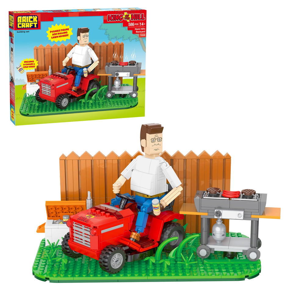 BrickCraft Hank Hill backyard scene featuring a lawn mower designed for desk display.