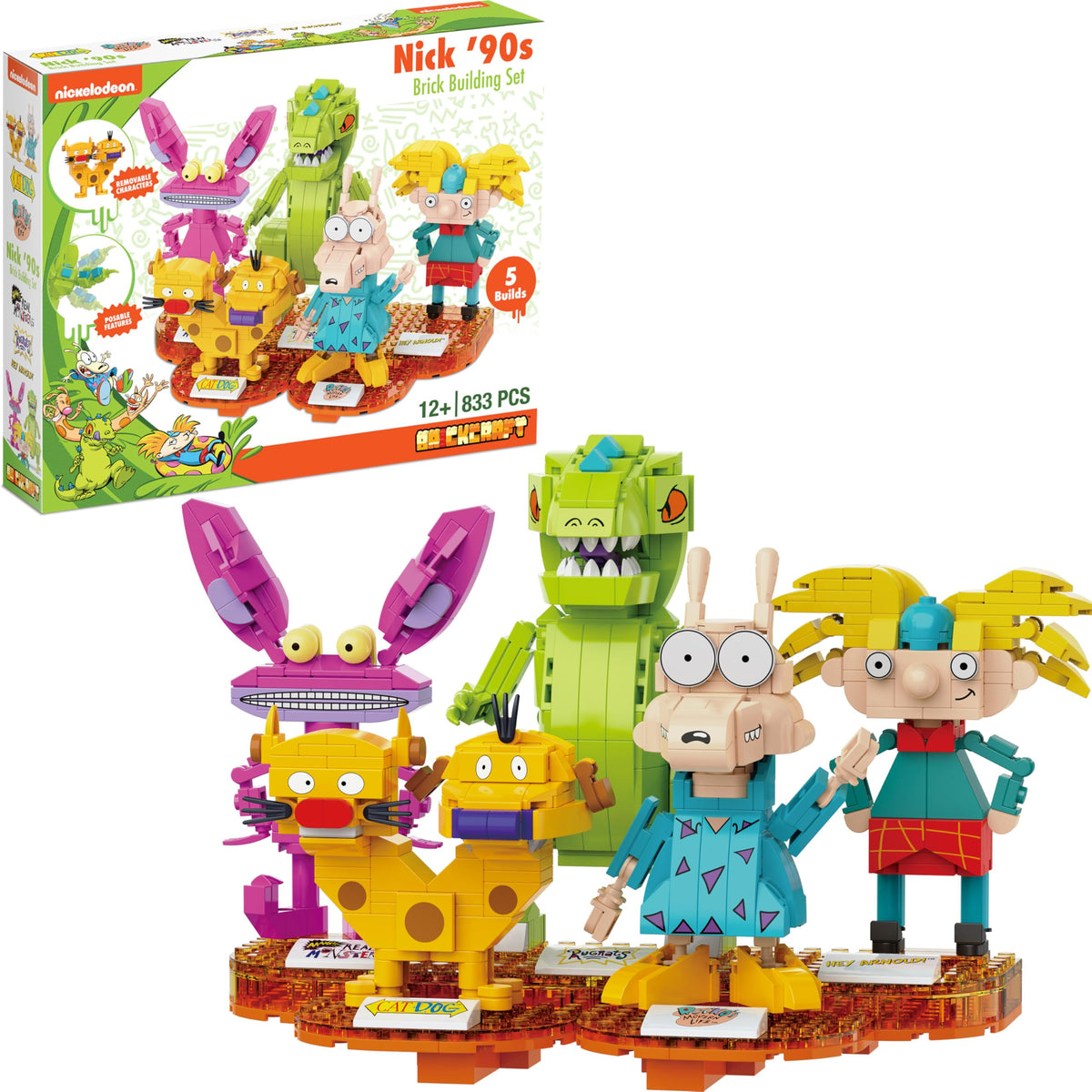 Brickcraft Nickelodeon 90s Reptar brick figure for display and imaginative play.