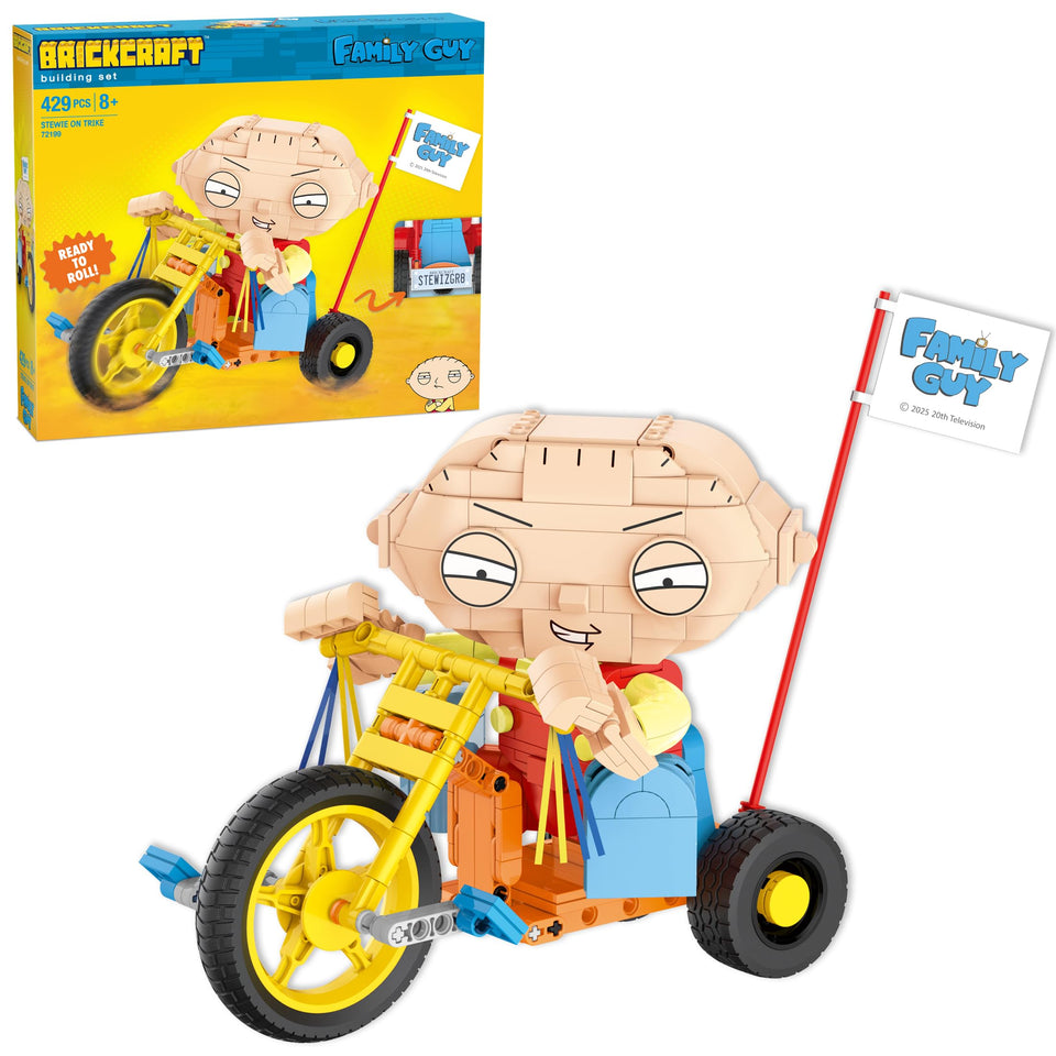 Brickcraft Stewie on Trike assembly highlights the 429-piece kit for display.