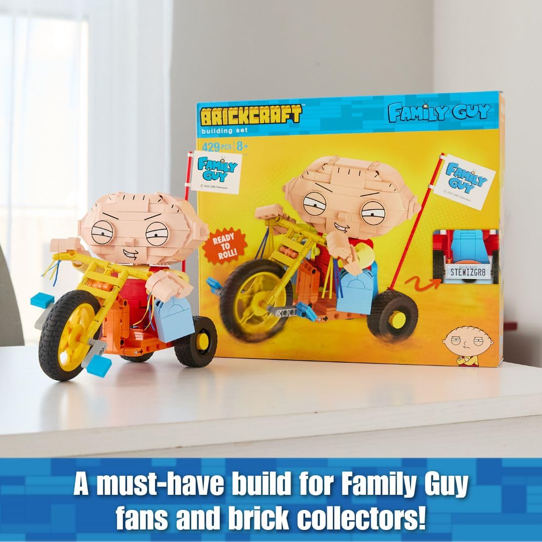 Brickcraft Stewie on Trike displayed on desk or shelf for display-worthy decor.