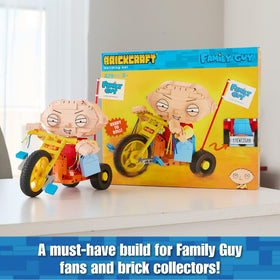 Brickcraft Stewie on Trike displayed on desk or shelf for display-worthy decor.