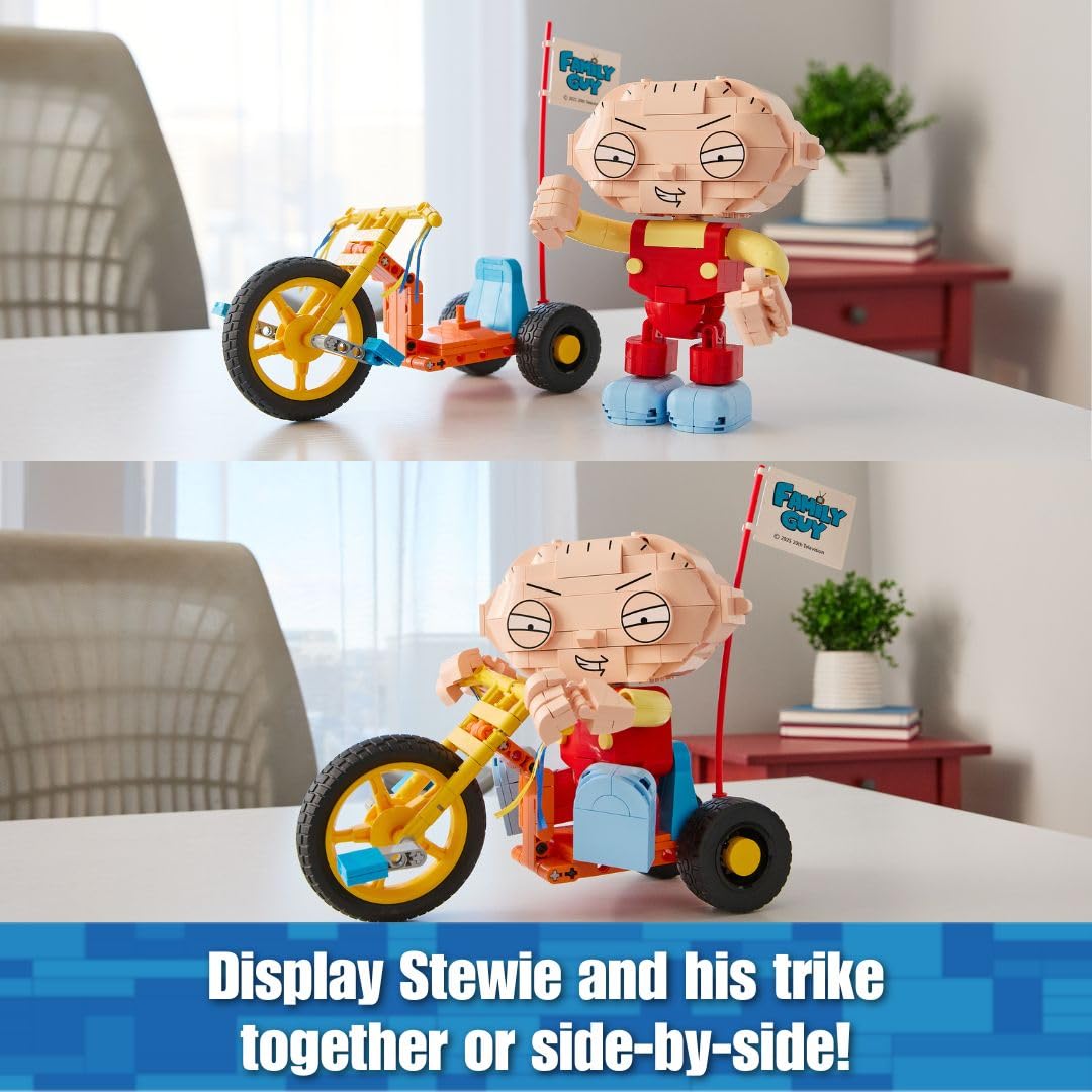 Brickcraft Stewie on Trike pose arms and legs for dynamic display options.