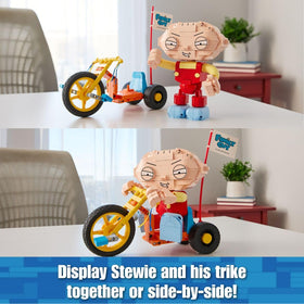 Brickcraft Stewie on Trike pose arms and legs for dynamic display options.