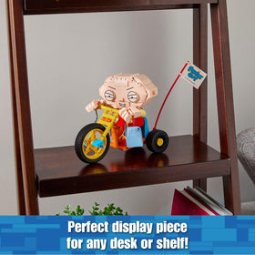 Brickcraft Stewie trike license plate features custom print detail.