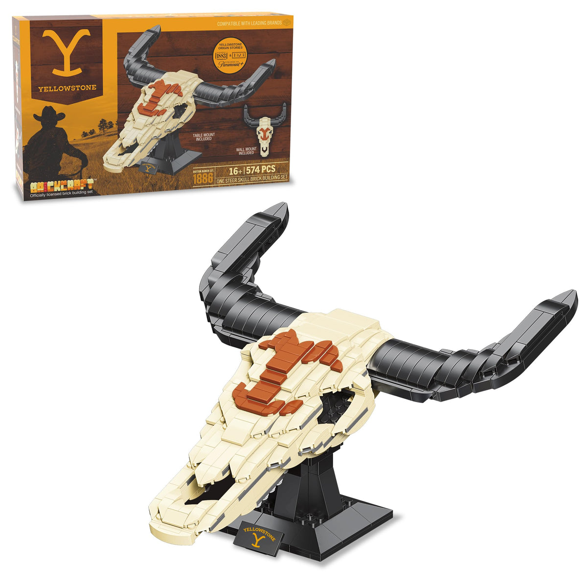 Brickcraft Yellowstone skull on tabletop display highlights rugged frontier decor.
