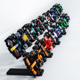 Glass cabinet-ready Brickify Speed Champions F1 display with a cohesive grid aesthetic.