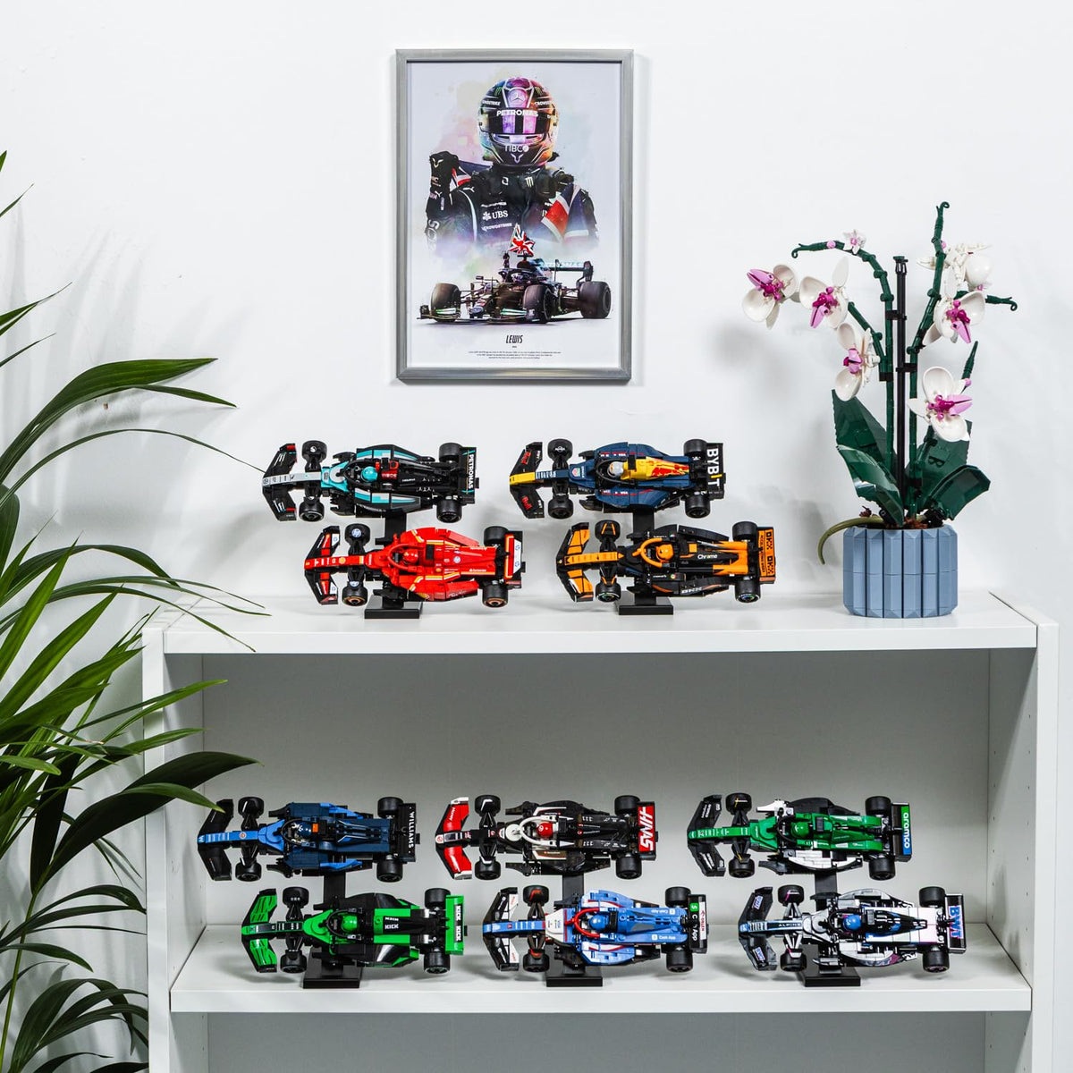 Brickify Speed Champions F1 grid display collection showing all ten teams in a uniform layout.