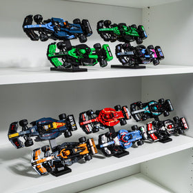Brickify Speed Champions F1 display stand two-car grid for a clean, space-saving collection.