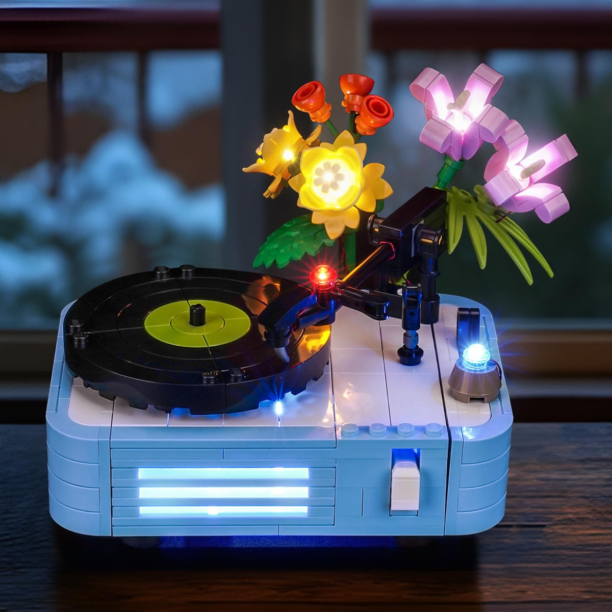 Brickshining LED lighting for Flowers Record Player adds a vibrant display glow