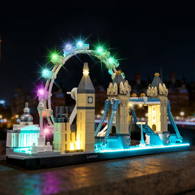 Brickshining London skyline LED lighting brightens the 21034 display with even illumination.