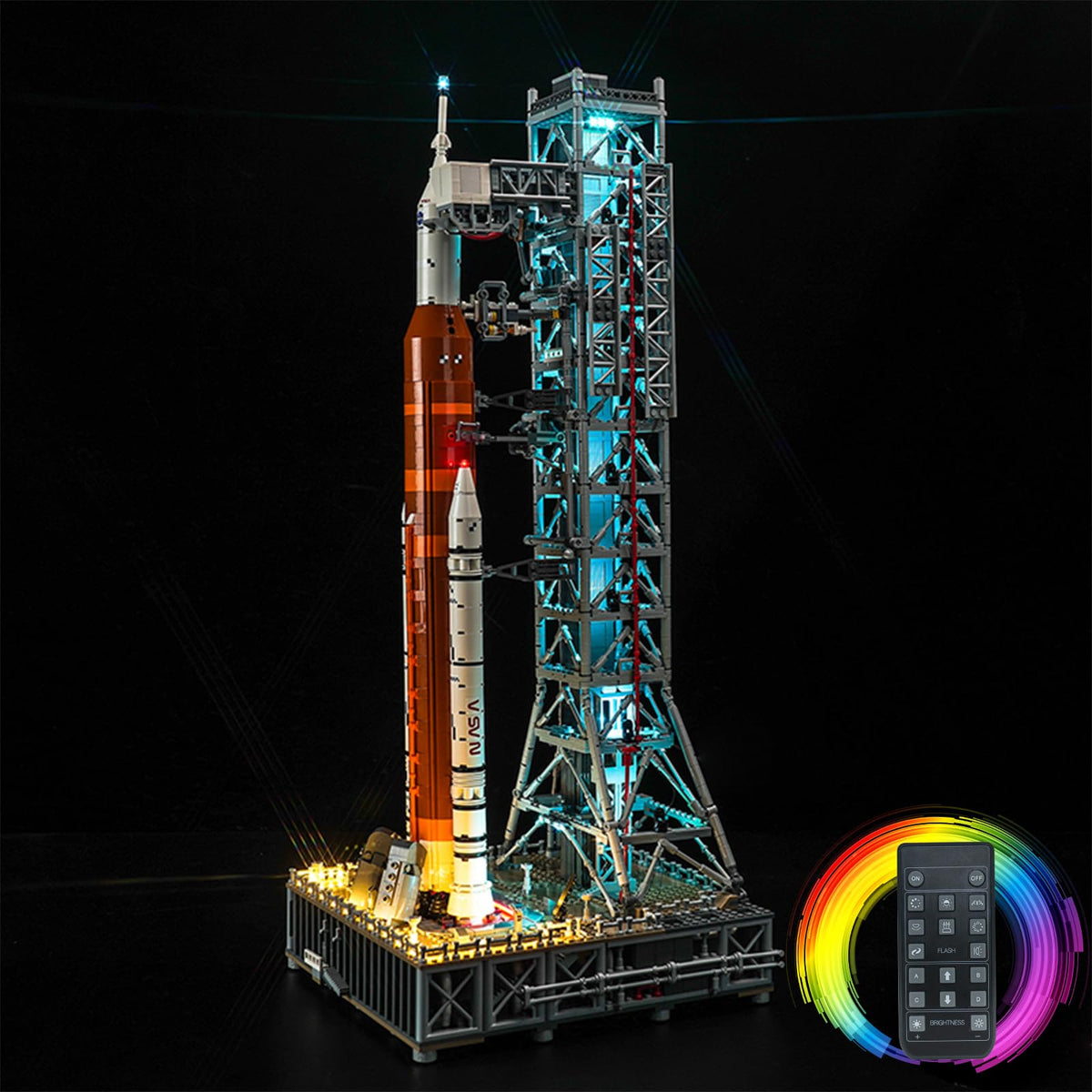 Brickshining NASA 10341 battery power setup shows portable lighting for shelf display.