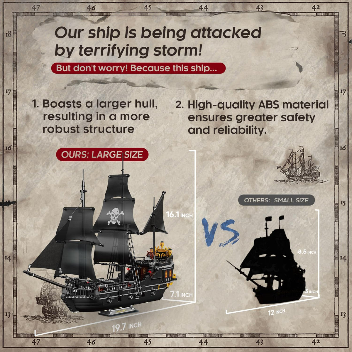 BrickTribe pirate ship side view highlights sturdy hull and masts