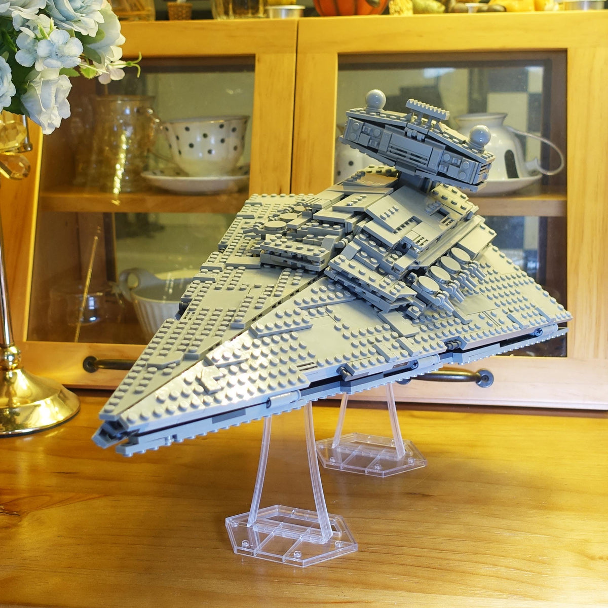 BrickVisions X-Wing/TIE display stand supports space LEGO models with clean lift