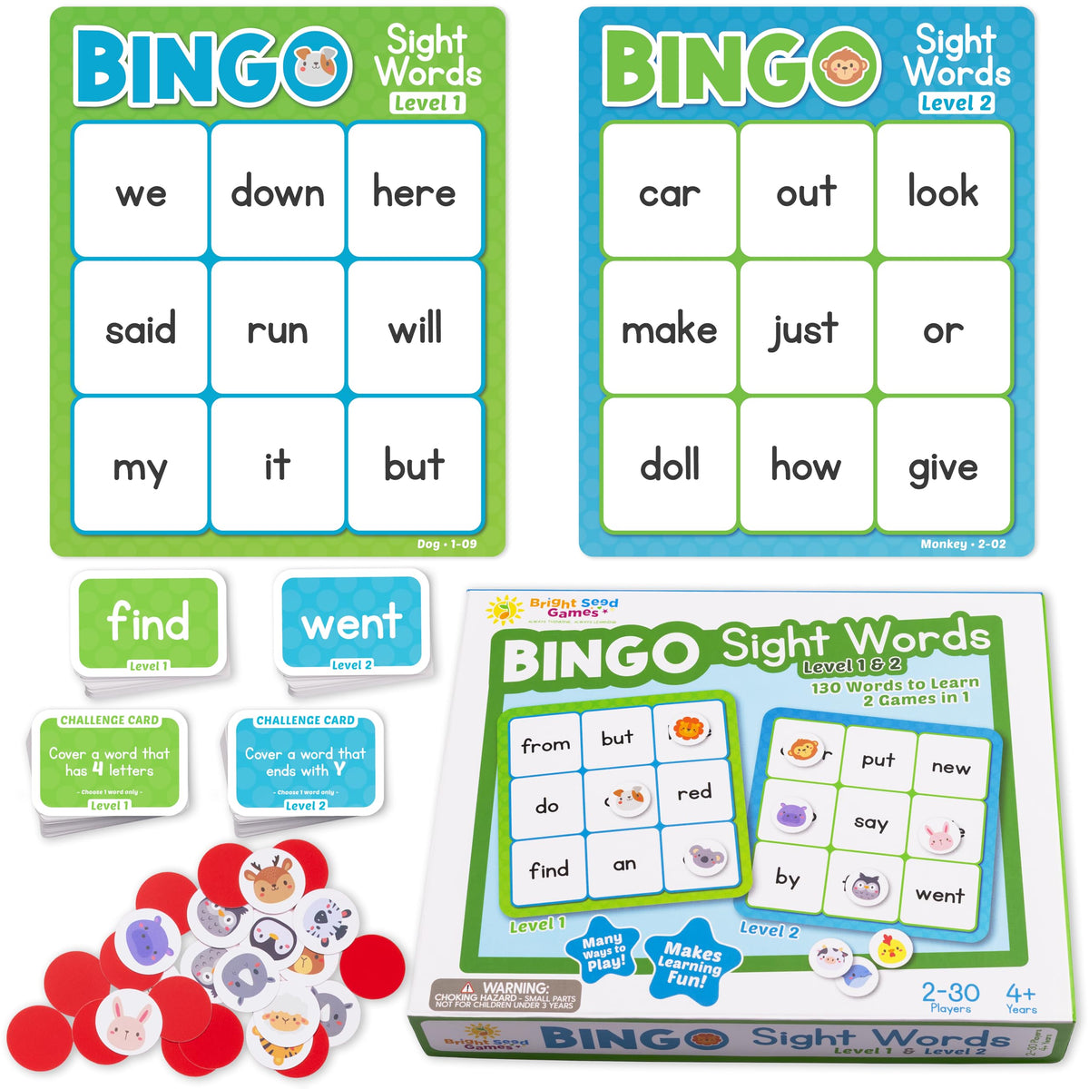 Bright Seed Games sight words bingo cards for durable, reusable literacy practice at home or in class.