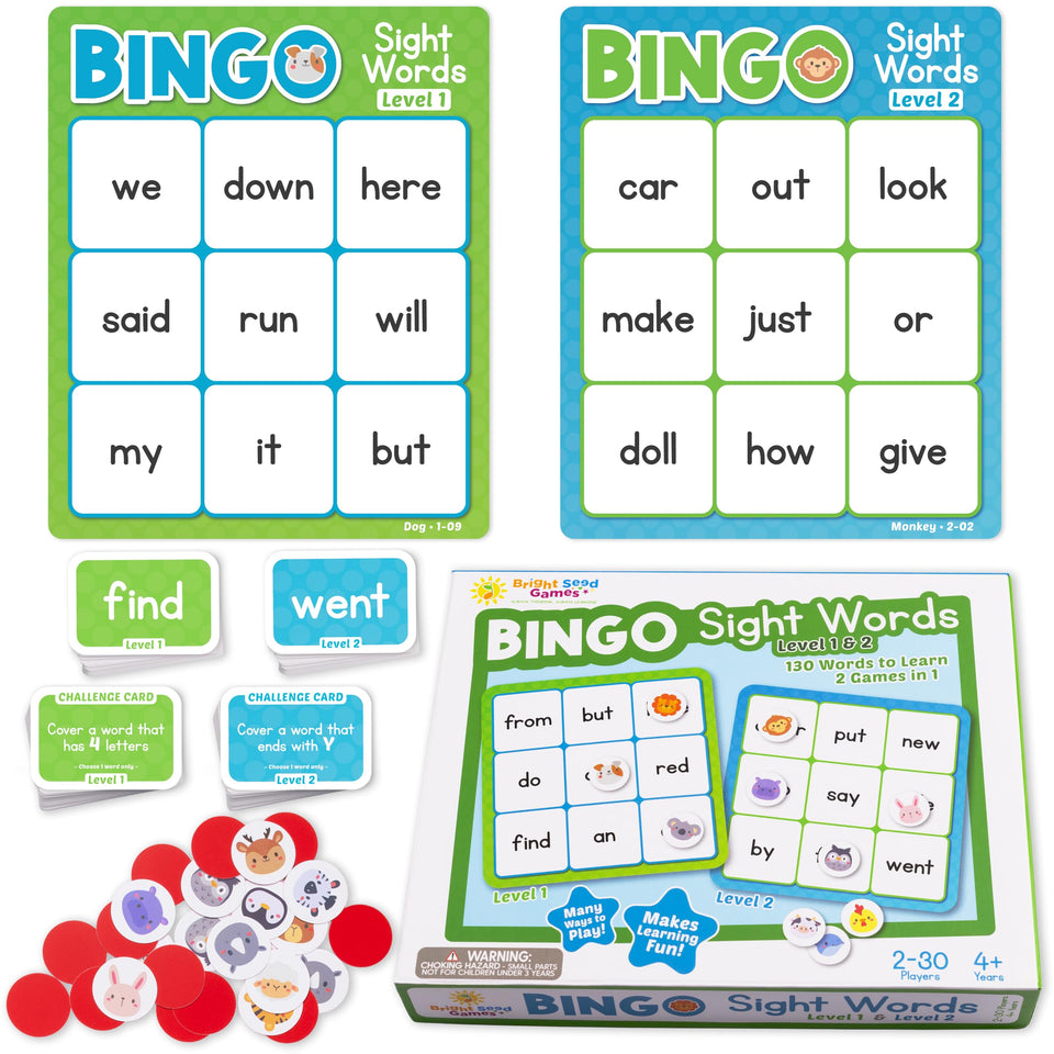 Bright Seed Games sight words bingo cards for durable, reusable literacy practice at home or in class.