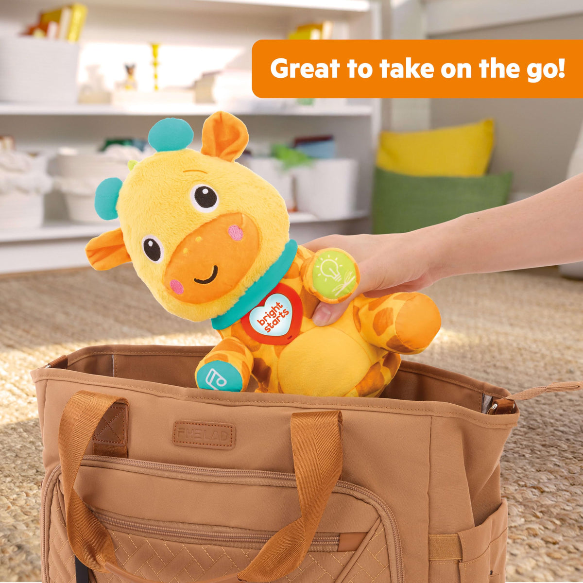 Volume control on Bright Starts giraffe for comfortable sound levels