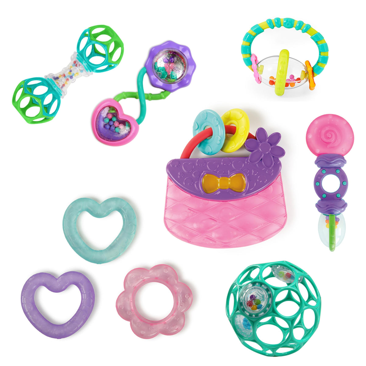Bright Starts Everything Nice teether set: multi-texture relief for soothing gums.